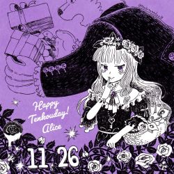 Rule 34 | 1boy, 1girl, alice (housamo), basket, bear boy, box, catching, character name, club (shape), commentary request, dated, dress, finger to mouth, flower, frilled dress, frills, furry, furry male, gift, gift box, gloves, greyscale with colored background, hair flower, hair ornament, holding, holding basket, jambavan (housamo), jewelry, key, key necklace, long hair, long sleeves, monochrome, necklace, purple background, purple eyes, purple theme, ribbon, rose, shushing, spade (shape), sparkle, stuffed animal, stuffed toy, tokyo houkago summoners, tsukinowadou, twitter username, upper body