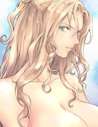 Rule 34 | 1girl, bare shoulders, blonde hair, blue eyes, breasts, castlevania (series), castlevania: symphony of the night, cleavage, collarbone, grel (r6hgvu5), konami, large breasts, lips, long hair, looking at viewer, maria renard, parted lips, simple background, smile, solo, very long hair