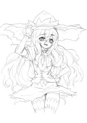 Rule 34 | 1girl, bags under eyes, barbariank, big hair, bow, bowtie, cowboy shot, flat chest, ghost, greyscale, hair between eyes, hand on own hip, hat, highres, long hair, long sleeves, looking at viewer, monochrome, monster girl encyclopedia, simple background, sketch, skirt, smile, solo, standing, thighhighs, vest, white background, witch, witch (monster girl encyclopedia), witch hat