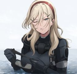 Rule 34 | 1girl, an-94 (the diving bell and the doll) (girls&#039; frontline), blonde hair, blue eyes, bodysuit, diving suit, girls&#039; frontline, hair between eyes, hair ornament, hairband, hairpin, highres, mole, one eye closed, partially submerged, red hairband, shaw (girls&#039; frontline), wet, wetsuit, yotsuyama (yomo8ama)