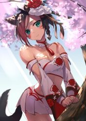 Rule 34 | 1girl, absurdres, animal ears, bare shoulders, braid, breasts, brown hair, cat girl, cherry blossoms, cleavage, clenched hands, collarbone, day, detached sleeves, facial mark, fictional persona, final fantasy, final fantasy xiv, floral print, flower, fox ears, fox girl, fox tail, green eyes, hat, hat flower, highres, kasumi komo, leaning forward, long hair, marie makise, miniskirt, multicolored hair, navel, original, outdoors, pleated skirt, red flower, red hair, red rose, rose, side braid, skirt, smile, sms fantasy, solo, strapless, tail, tilted headwear, tree, tube top, two-tone hair, warrior of light (ff14), whisker markings, white hat, wide sleeves