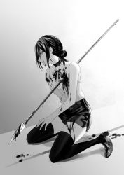Rule 34 | 1girl, absurdres, amputee, blood, blood on clothes, blood on face, breasts, chainsaw man, choker, closed mouth, damaged, from side, full body, greyscale, hair bun, highres, kneeling, lancer (gears of war), looking at viewer, medium hair, monochrome, neck ribbon, reze (chainsaw man), ribbon, shirt, shoes, shorts, simple background, solo, suprii, thighhighs