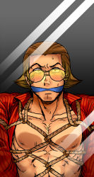 Rule 34 | 1boy, abs, bara, glasses, bobby fulbright, ace attorney, phoenix wright: ace attorney - dual destinies, male focus, muscular, nipples, pectorals, restrained, rope, solo, tagme