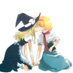 Rule 34 | 2girls, alice margatroid, all fours, arm support, bad id, bad pixiv id, blonde hair, blue dress, book, capelet, dress, closed eyes, female focus, hairband, holding hands, hat, holding, kirisame marisa, kiss, kneeling, long hair, multiple girls, natsume (menthol), ribbon, shoes, short hair, socks, touhou, witch, witch hat, yuri