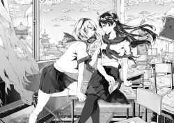 Rule 34 | 2girls, architecture, arm support, breasts, building, chair, closed mouth, cloud, crossed legs, curtains, desk, east asian architecture, female focus, glass shards, greyscale, hairband, holding, holding mask, indoors, kneehighs, kurofuji nekotarou, long hair, looking at another, mask, medium breasts, midriff, monochrome, multiple girls, original, pantyhose, parted lips, pleated skirt, school desk, school uniform, serafuku, shirt, shoes, sitting, skirt, sky, socks, uniform, very long hair, wind, yuri