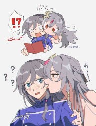 Rule 34 | !?, 2girls, ?, bite mark, black hair, blue eyes, blue jacket, book, chinese clothes, dual persona, fu hua, fu hua (herrscher of sentience), fu hua (valkyrie accipiter), glasses, grey background, hair ornament, highres, honkai (series), honkai impact 3rd, jacket, licking, long hair, looking at another, looking at viewer, multiple girls, multiple views, open mouth, red eyes, simple background, surprised, uehara suiyo, upper body
