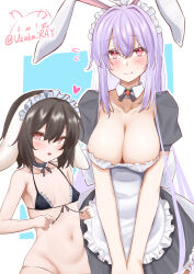 Rule 34 | 2girls, :d, alternate costume, black hair, breasts, cleavage, closed mouth, covered erect nipples, enmaided, flying sweatdrops, hair between eyes, height difference, highres, inaba tewi, large breasts, long hair, looking at viewer, maid, maid headdress, multiple girls, open mouth, petite, pink eyes, purple hair, reisen udongein inaba, short hair, small breasts, smile, touhou, usaka ray