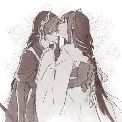 Rule 34 | 2girls, blunt bangs, bow, braid, commentary, english commentary, eulyin huan, floral background, genshin impact, hair ornament, hair ribbon, hand on another&#039;s cheek, hand on another&#039;s face, japanese clothes, kimono, kiss, kissing forehead, long hair, long sleeves, makoto (genshin impact), mole, mole under eye, monochrome, multiple girls, obi, one eye closed, raiden shogun, ribbon, sash, siblings, sidelocks, single braid, sisters, sketch, smile, spoilers, standing, twins, twitter username, white background, wide sleeves
