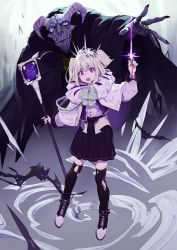Rule 34 | 1girl, animal, bat (animal), black eyes, black skirt, blood, boots, bow, coat, crown, embarrassed, fingernails, floating, full body, ghost, glint, hair between eyes, hand up, highres, holding, holding scepter, horns, jewelry, kamameshi gougoumaru, levitation, long fingernails, long sleeves, looking at viewer, looking up, magic, magical girl, medium hair, monster, open mouth, original, pentagram, pink eyes, pointing, ring, robe, scepter, shoelaces, silver hair, skirt, teeth, thighhighs, thumb ring, torn clothes, torn legwear, twintails, wide sleeves