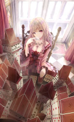Rule 34 | 1girl, blonde hair, blush, bow, breasts, brown eyes, card, chair, cleavage, closed mouth, club (shape), commentary request, curly hair, curtains, diamond (shape), dress, flower, frilled dress, frills, from above, hair ornament, hairband, hand up, heart, heterochromia, highres, holding, holding card, house of cards, jewelry, long hair, long sleeves, looking at viewer, looking up, missile228, multicolored nails, nail polish, necklace, original, pendant, playing card, queen (playing card), queen of hearts (playing card), red dress, red eyes, red flower, sitting, smile, solo, spade (shape), tiara, wide sleeves, window