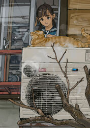 Rule 34 | 1girl, air conditioner, animal, black hair, blue sailor collar, cat, house, looking at animal, mao (matz8), open window, original, parted lips, reflection, sailor collar, solo, steam, tree, twintails, window