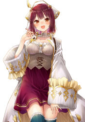 Rule 34 | 1girl, :d, alt (ctrldel), atelier (series), atelier sophie, blue thighhighs, blush, breasts, brown eyes, choker, cleavage, fingernails, highres, jacket, long sleeves, looking at viewer, medium breasts, open mouth, red hair, red skirt, short hair, simple background, skirt, smile, solo, sophie neuenmuller, thighhighs, thighs, white background, white choker, white jacket, zettai ryouiki