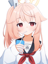 Rule 34 | 1girl, absurdres, blonde hair, blue archive, blush, drinking straw, drinking straw in mouth, hair ornament, halo, highres, holding, long hair, long sleeves, looking at viewer, milk carton, natsu (blue archive), neckerchief, one side up, petako (ptpt k), red eyes, school uniform, serafuku, sleeves past wrists, solo, upper body