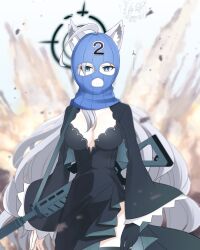 Rule 34 | 1girl, ahoge, animal ears, assault rifle, blue archive, blue eyes, breasts, cleavage, dress, explosion, expressionless, gloves, grey hair, halo, hoshino ouka, long hair, looking at viewer, mask, medium breasts, shiroko (blue archive), shiroko terror (blue archive), sig sauer 556, simple background, solo, thighhighs, weapon, wolf ears