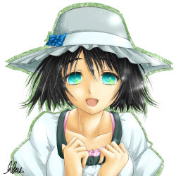 Rule 34 | 1girl, bad id, bad pixiv id, black hair, blue eyes, collarbone, face, female focus, hat, libus, open mouth, shiina mayuri, signature, solo, steins;gate, white background