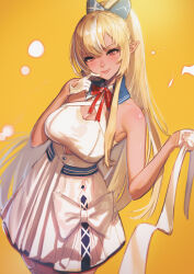 Rule 34 | 1girl, bare arms, bare shoulders, blonde hair, breasts, brown eyes, commentary, dress, gloves, hair between eyes, half gloves, highres, hololive, large breasts, light blush, light smile, long hair, looking at viewer, orange background, pointy ears, ponytail, ribbon, shiranui flare, shiranui flare (1st costume), simple background, sleeveless, sleeveless dress, solo, takami masahiro, very long hair, virtual youtuber, white dress, white gloves, white ribbon