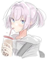 Rule 34 | 1girl, backpack, bag, blue eyes, blush, bubble tea, commentary request, cup, drinking, drinking straw, grey sweater, hair intakes, highres, holding, holding cup, hood, hooded sweater, hoodie, kantai collection, looking at viewer, pink hair, ponytail, shiranui (kancolle), short hair, short ponytail, simple background, solo, sweater, takeshima eku, upper body, white background