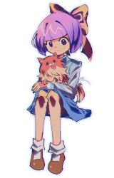 Rule 34 | 1girl, animal, animal on lap, blue skirt, blunt bangs, bow, brown footwear, closed mouth, commentary, english commentary, full body, ghost trick, hair bow, highres, kamila (ghost trick), long sleeves, looking at animal, malan, missile (ghost trick), on lap, pink hair, pomeranian (dog), purple eyes, shirt, shoes, short hair, simple background, sitting, skirt, smile, socks, solo, white background, white socks, yellow bow