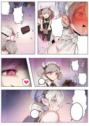 Rule 34 | 2girls, arianne the labrynth servant, asymmetrical legwear, blush, bow, box, comic, demon girl, demon horns, demon tail, demon wings, duel monster, gloves, grey eyes, grey hair, heart, highres, horns, long hair, lovely labrynth of the silver castle, maid, maid headdress, multiple girls, mushroom man #2, open mouth, pink eyes, pointy ears, ro g (oowack), spoken heart, sweat, nervous sweating, tail, twintails, wings, yu-gi-oh!
