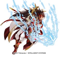 Rule 34 | 1boy, armor, brown eyes, brown hair, coat, electricity, fire emblem, fire emblem fates, fire emblem heroes, gloves, kita senri, long coat, long hair, male focus, mask, nintendo, official art, open mouth, pants, raijinto (fire emblem), red armor, ryoma (fire emblem), simple background, solo, spiked hair, very long hair, weapon, white background, white coat, white pants