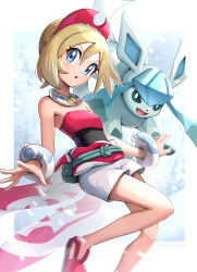 Rule 34 | 1girl, absurdres, arm wrap, blonde hair, blue eyes, breasts, collar, commentary request, creatures (company), eyelashes, game freak, gen 4 pokemon, glaceon, gonzarez, hair between eyes, hairband, highres, irida (pokemon), jewelry, knees, looking at viewer, neck ring, nintendo, pearl clan outfit, pokemon, pokemon (creature), pokemon legends: arceus, red hairband, shirt, short hair, shorts, small breasts, strapless, strapless shirt, waist cape, white shorts