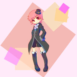 Rule 34 | 1girl, androgynous, boots, bow, buttons, cross, hantoumei namako, hat, jacket, long sleeves, pink eyes, pink hair, short hair, shorts, simple background, smile, solo, top hat