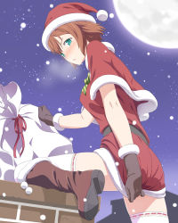 Rule 34 | 1girl, aqua eyes, blush, boots, bow, bowtie, brown footwear, brown gloves, brown hair, capelet, chimney, christmas, commentary request, covering ass, covering privates, dress, embarrassed, fur-trimmed boots, fur-trimmed gloves, fur trim, gloves, hat, highres, knee boots, looking at viewer, moon, night, night sky, original, red dress, red hat, sack, santa costume, santa hat, sky, snowing, solo, star (sky), starry sky, striped bow, striped bowtie, striped clothes, thighhighs, uma (uma1111), white thighhighs, zettai ryouiki