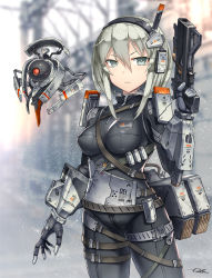 Rule 34 | 1girl, belt, black bodysuit, blurry, blurry background, bodysuit, breasts, breasts apart, drone, gia, grey eyes, grey hair, gun, hair between eyes, headphones, highres, holding, holding gun, holding weapon, impossible clothes, looking at viewer, mechanical hands, medium breasts, original, outdoors, short hair, short hair with long locks, skin tight, solo, standing, thigh strap, weapon