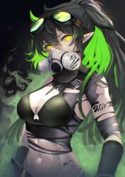 Rule 34 | absurdres, arknights, bikini, body writing, covered collarbone, gas mask, gavial (arknights), gavial the invincible (arknights), glowing, glowing eyes, glowing hair, goggles, goggles on head, green bikini, green eyes, green hair, highres, knife, mask, midriff, navel, originium (arknights), ponytail, smoke, stomach, strap, swimsuit, upper body, yan kodiac, yellow eyes