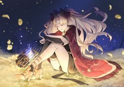 Rule 34 | 1girl, a ching, blonde hair, blue fire, closed eyes, earrings, ereshkigal (fate), fate/grand order, fate (series), fire, high heels, highres, infinity symbol, jewelry, long hair, panties, petals, sitting, smile, solo, underwear