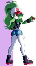 Rule 34 | 1girl, absurdres, arm up, ass, bag, bare shoulders, baseball cap, black footwear, black socks, black vest, blue shorts, breasts, closed mouth, clothed pokemon, colored skin, cosplay, creatures (company), denim, denim shorts, female focus, from behind, full body, game freak, gardevoir, gen 3 pokemon, green hair, green skin, hair over one eye, hat, highres, hilda (pokemon), hilda (pokemon) (cosplay), holding, holding poke ball, lucyfer, medium breasts, multicolored skin, nintendo, pink hat, poke ball, poke ball (basic), poke ball symbol, poke ball theme, pokemon, pokemon bw, ponytail, red eyes, shirt, shoes, short shorts, shorts, simple background, sleeveless, sleeveless shirt, socks, solo, standing, two-tone background, two-tone skin, vest, white shirt, white skin, wristband