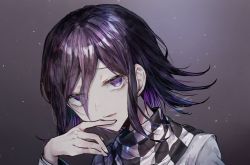 Rule 34 | 1boy, black hair, checkered clothes, checkered scarf, commentary request, danganronpa (series), danganronpa v3: killing harmony, goto (sep), gradient background, grey background, hair between eyes, hand up, highres, long sleeves, looking at viewer, male focus, open mouth, oma kokichi, portrait, purple eyes, purple hair, scarf, short hair, smile, solo, upper body