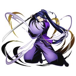 Rule 34 | 10s, 1boy, bishounen, blue hair, divine gate, fate/stay night, fate (series), full body, grey ribbon, hair ribbon, high ponytail, holding, holding sword, holding weapon, japanese clothes, katana, long hair, looking at viewer, male focus, official art, purple eyes, ribbon, sasaki kojirou (fate), smile, solo, sword, transparent background, ucmm, very long hair, weapon
