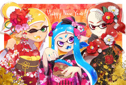 Rule 34 | 3girls, :d, ;d, black kimono, blonde hair, blue hair, blue tongue, bow, checkered background, closed mouth, colored tongue, commentary, english text, fangs, floral print, flower, green eyes, hair bow, hair flower, hair ornament, happy new year, highres, inking, inkling, inkling girl, inkling player character, japanese clothes, kimono, long hair, long sleeves, looking at viewer, multiple girls, new year, nintendo, nomu (29 nom), one eye closed, open mouth, outside border, pointy ears, print kimono, red eyes, red hair, red kimono, shadow, short hair, short hair with long locks, side-by-side, side ponytail, smile, splatoon (series), squid pose, standing, tan, wide sleeves, yellow tongue