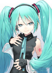 Rule 34 | 1girl, alternate costume, aqua hair, aqua ribbon, bare shoulders, blue nails, breasts, collared shirt, commentary request, detached sleeves, gradient background, hand on own chest, hand on own stomach, hatsune miku, hatsune miku (nt), highres, long hair, looking at viewer, nail polish, necktie, number tattoo, pink nails, ribbon, rsk (tbhono), shirt, sleeveless, small breasts, smile, solo, tattoo, twintails, upper body, very long hair, vocaloid