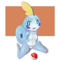Rule 34 | 1girl, absurdres, barefoot, blue eyes, blue skin, blush stickers, border, breasts, bright pupils, bruise, collarbone, colored skin, completely nude, creatures (company), female focus, fins, full body, furry, furry female, game freak, gen 8 pokemon, head fins, highres, hitmanatee, injury, lizard tail, looking away, looking to the side, multicolored skin, navel, nervous, nintendo, no nipples, no nose, nude, open mouth, orange background, outside border, personification, poke ball, poke ball (basic), pokemon, pokemon (creature), pussy, raised eyebrows, reptile girl, shiny skin, simple background, sitting, small breasts, sobble, solo, spread legs, stomach, tail, tears, teeth, thighs, two-tone skin, uncensored, wariza, wavy mouth, white border, white pupils
