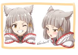 Rule 34 | 1girl, ;d, absurdres, animal ear fluff, animal ears, border, breasts, brown eyes, cat ears, cat girl, commentary request, facial mark, fang, fuusuke (fusuke208), grey hair, grin, hair ribbon, highres, looking at viewer, nia (xenoblade), nintendo, one eye closed, open mouth, orange border, portrait, ribbon, ribbon trim, sidelocks, simple background, smile, teeth, tress ribbon, twitter username, v-shaped eyebrows, white background, xenoblade chronicles (series), xenoblade chronicles 2, yellow ribbon