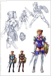 Rule 34 | 1girl, blonde hair, boots, cassandra alexandra, concept art, fighting stance, from behind, legs, necktie, o3o, pink necktie, ribbon, shield, soul calibur, soulcalibur, soulcalibur iv, sword, thigh boots, thighhighs, weapon