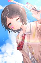 Rule 34 | 1girl, arm up, bad id, bad pixiv id, black hair, blue eyes, brown cardigan, cardigan, cloud, collared shirt, day, dress shirt, grey skirt, highres, holding, holding paintbrush, hoshino ichika (project sekai), lens flare, looking at viewer, necktie, one eye closed, open cardigan, open clothes, paint splatter, paint splatter on face, paintbrush, plaid, plaid skirt, project sekai, red necktie, shain, shirt, short hair, skirt, sky, smile, solo, upper body, white shirt