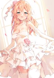 Rule 34 | 1girl, :d, aqua eyes, azur lane, backlighting, bare shoulders, blonde hair, blush, breasts, cleavage, collarbone, commentary request, cowboy shot, dress, elbow gloves, flower, garter straps, gloves, hair flower, hair ornament, half-closed eyes, highres, indoors, layered dress, leander (azur lane), long hair, looking at viewer, open mouth, petals, pink flower, pink rose, rose, rose petals, small breasts, smile, solo, strapless, strapless dress, thighhighs, unacchi (nyusankin), wedding dress, white dress, white gloves, white thighhighs, window, zettai ryouiki