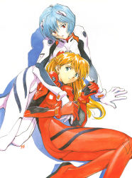 Rule 34 | 2girls, :o, absurdres, arm around neck, arm support, ass, ayanami rei, blue eyes, blue hair, bodysuit, bracer, breasts, clenched hand, female focus, flat ass, from above, frown, gloves, hair between eyes, hair ornament, head tilt, highres, holding hands, hug, hug from behind, interface headset, lap pillow, long hair, looking at viewer, lying, multiple girls, neon genesis evangelion, official art, on side, open mouth, orange hair, pale skin, parted bangs, pilot suit, plugsuit, reclining, red eyes, sadamoto yoshiyuki, scan, shadow, short hair, signature, simple background, skinny, small breasts, souryuu asuka langley, turtleneck, white background, yuri