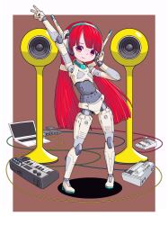Rule 34 | 1girl, android, computer, headgear, highres, instrument, joints, keyboard (instrument), laptop, long hair, original, red eyes, red hair, robot, robot joints, simple background, solo, speaker, sukabu, v