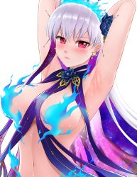 Rule 34 | 1girl, armpits, arms behind head, arms up, bare shoulders, blue fire, blue hair, blush, body markings, bracelet, breasts, earrings, embarrassed, fate/grand order, fate (series), fire, flower, hair flower, hair ornament, hair ribbon, highres, jewelry, kama (fate), kama (swimsuit avenger) (fate), kama (swimsuit avenger) (third ascension) (fate), large breasts, long hair, looking at viewer, lotus, multicolored hair, navel, red eyes, revealing clothes, ribbon, silver hair, solo, sphere-stc, star (symbol), star earrings, two-tone hair