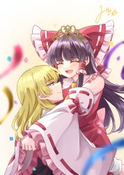 Rule 34 | 2girls, ascot, blonde hair, blurry, blush, bow, brown hair, carrying, child carry, closed eyes, closed mouth, commentary request, confetti, depth of field, detached sleeves, frilled bow, frilled hair tubes, frilled sleeves, frills, gold tiara, hair bow, hair tubes, hakurei reimu, highres, kirisame marisa, long hair, looking at another, mito (fate), multiple girls, no headwear, open mouth, red bow, red eyes, red skirt, ribbon-trimmed sleeves, ribbon trim, signature, skirt, skirt set, smile, tiara, touhou, yellow ascot