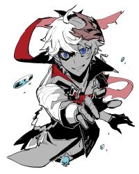 Rule 34 | 1boy, ahoge, blue eyes, cropped torso, genshin impact, gloves, greyscale, grin, hair between eyes, jacket, looking at viewer, male focus, mask, menma222, monochrome, red mask, red scarf, scarf, simple background, smile, solo, spot color, tartaglia (genshin impact), vision (genshin impact), water drop