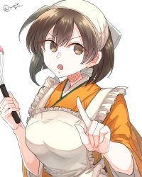Rule 34 | 1girl, apron, breasts, brown hair, cooking, hair between eyes, head scarf, highres, hiryuu (kancolle), japanese clothes, kantai collection, kimono, large breasts, long hair, matsunaga (haku), mixer (cooking), one side up, open mouth, orange kimono, short hair, signature, simple background, solo, upper body, white background, wide sleeves