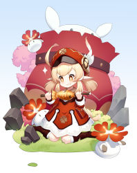 Rule 34 | + +, 1girl, absurdres, ahoge, blonde hair, blush, boots, brown footwear, cherry blossoms, chibi, creature, dress, eating, feathers, fish, fish (food), food, food on face, fried fish, fysc, genshin impact, gradient background, grass, hat, hat feather, highres, holding, holding stick, klee (genshin impact), pointy ears, pouch, red headwear, rock, sitting, smile, solo focus, sparkle, sparkling eyes, stick, twintails, wariza