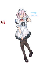 Rule 34 | 1girl, absurdres, alternate costume, apron, arknights, arm up, black dress, black footwear, black pantyhose, blue eyes, blue poison (arknights), braid, breasts, brown pantyhose, cleavage, closed mouth, color guide, dated, dress, earrings, enmaided, frilled sleeves, frills, full body, happy birthday, heart, heart earrings, highres, jewelry, long hair, looking at viewer, maid, maid headdress, mary janes, medium breasts, minusk9, pantyhose, pink hair, shoes, short sleeves, simple background, smile, solo, thigh strap, twin braids, white apron, white background, wrist cuffs