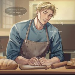 Rule 34 | 1boy, alternate costume, apron, arm hair, bakery, blonde hair, bread, brown apron, casual, collared shirt, commentary, cooking, english commentary, english text, food, highres, jujutsu kaisen, leaning forward, light smile, long sleeves, male focus, mature male, nanami kento, pov dating, shirt, shop, short hair, solo, speech bubble, thick eyebrows, upper body, ushy (narutoss ramen)