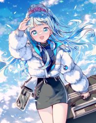 Rule 34 | 1girl, :d, absurdres, alice fiction, arm up, black skirt, blue eyes, blue hair, blue shirt, blue sky, character request, cloud, commentary, day, hair ornament, hair scrunchie, headphones, headphones around neck, highres, holding, jacket, long hair, long sleeves, looking at viewer, mechuragi, open clothes, open jacket, open mouth, outdoors, ponytail, puffy long sleeves, puffy sleeves, purple scrunchie, scrunchie, shirt, skirt, sky, smile, solo, suitcase, very long hair, white jacket